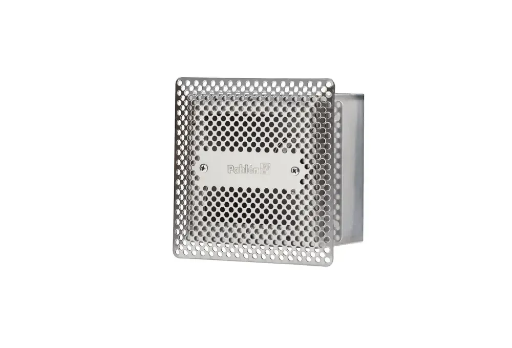 Silvrig perforerad metallavgasfläkt i rostfritt syrafast stål med Pahlke-logo